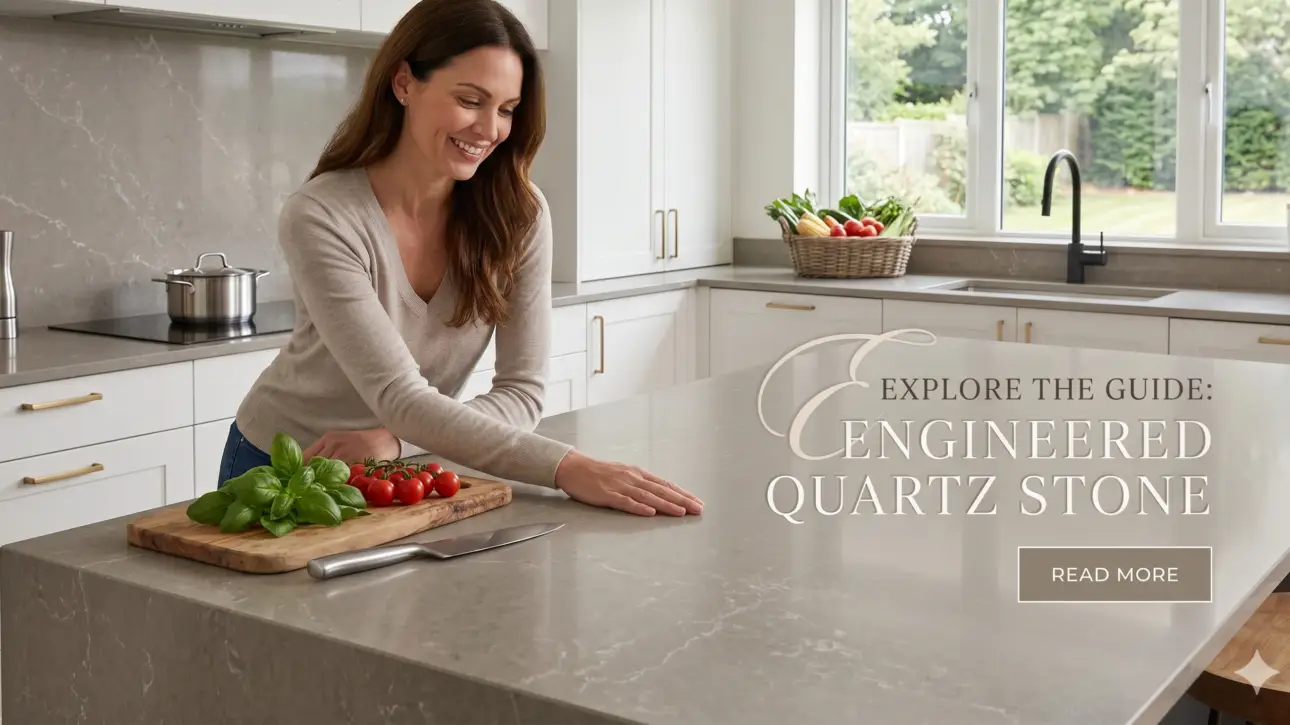 Close-up of Universal Quartz engineered stone slab with polished marble-like veining, manufactured in Jaipur India