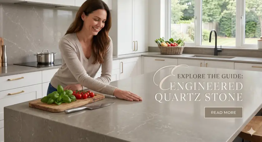 Close-up of Universal Quartz engineered stone slab with polished marble-like veining, manufactured in Jaipur India