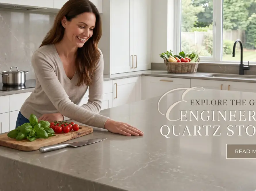 Close-up of Universal Quartz engineered stone slab with polished marble-like veining, manufactured in Jaipur India