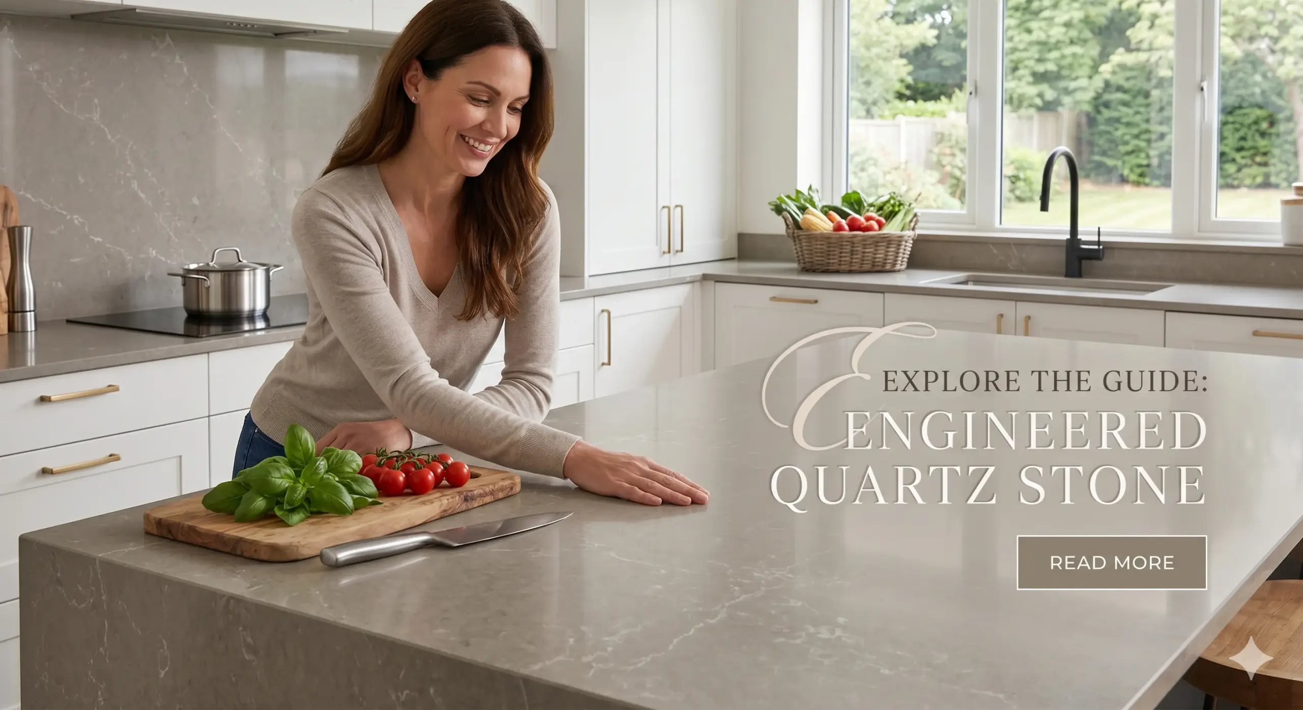 Close-up of Universal Quartz engineered stone slab with polished marble-like veining, manufactured in Jaipur India
