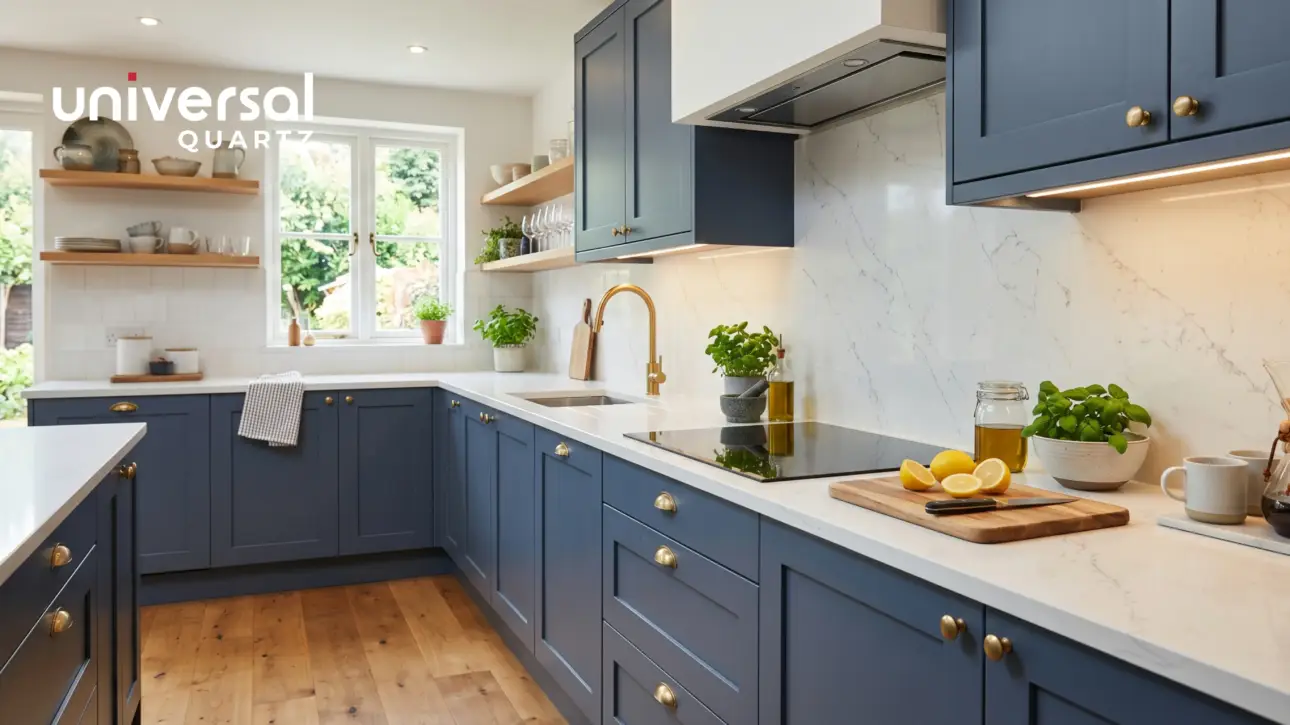 Modern Indian modular kitchen with Universal Quartz countertop — white Harmony series, bevelled edge