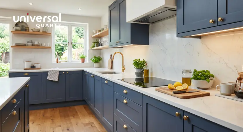 Modern Indian modular kitchen with Universal Quartz countertop — white Harmony series, bevelled edge