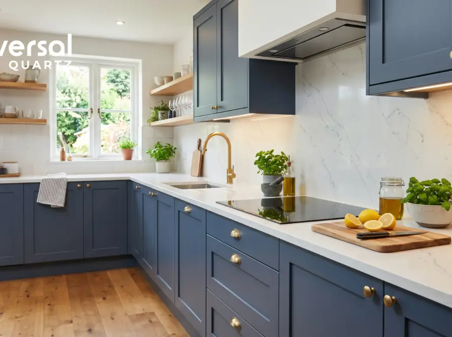 Modern Indian modular kitchen with Universal Quartz countertop — white Harmony series, bevelled edge