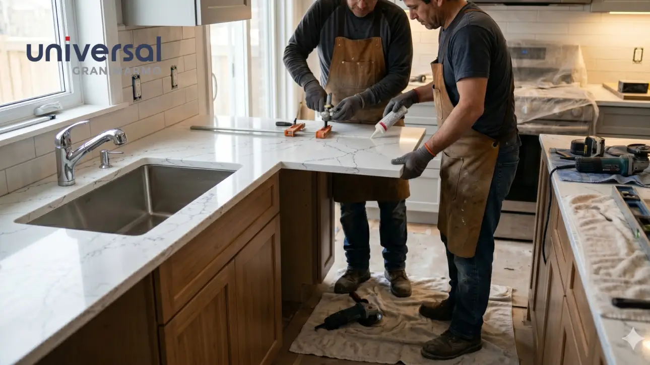 Factory-finished Universal Quartz pre-fab countertop being installed in Indian modular kitchen
