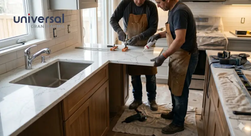 Factory-finished Universal Quartz pre-fab countertop being installed in Indian modular kitchen