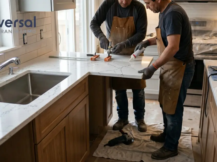 Factory-finished Universal Quartz pre-fab countertop being installed in Indian modular kitchen