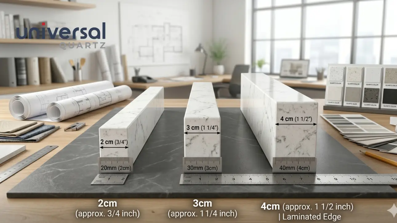 Four quartz slab cross-sections side by side: 12mm, 18mm, 20mm, 30mm — Universal Quartz thickness guide India