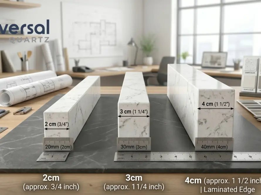 Four quartz slab cross-sections side by side: 12mm, 18mm, 20mm, 30mm — Universal Quartz thickness guide India