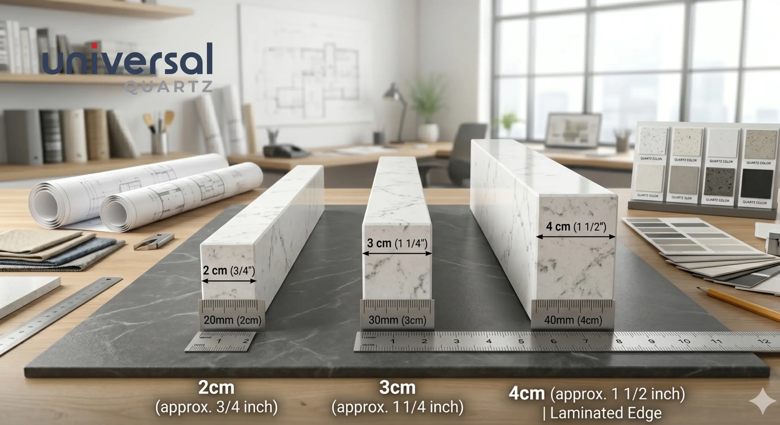 Four quartz slab cross-sections side by side: 12mm, 18mm, 20mm, 30mm — Universal Quartz thickness guide India