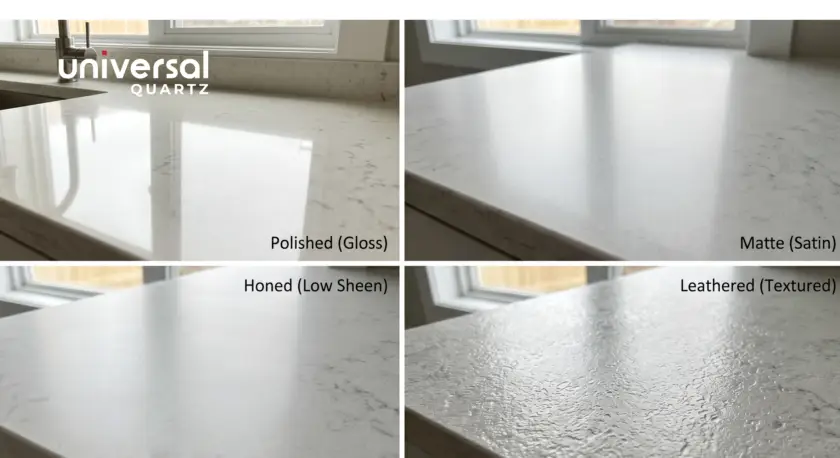 Four quartz slab finish samples side by side: polished mirror, matte flat, honed satin, leather textured — Universal Quartz India