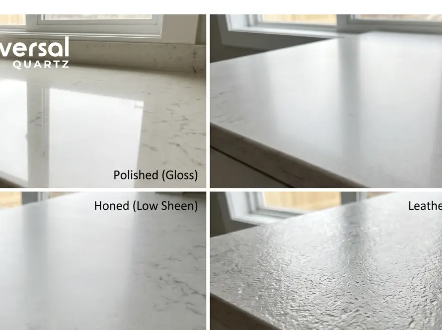 Four quartz slab finish samples side by side: polished mirror, matte flat, honed satin, leather textured — Universal Quartz India