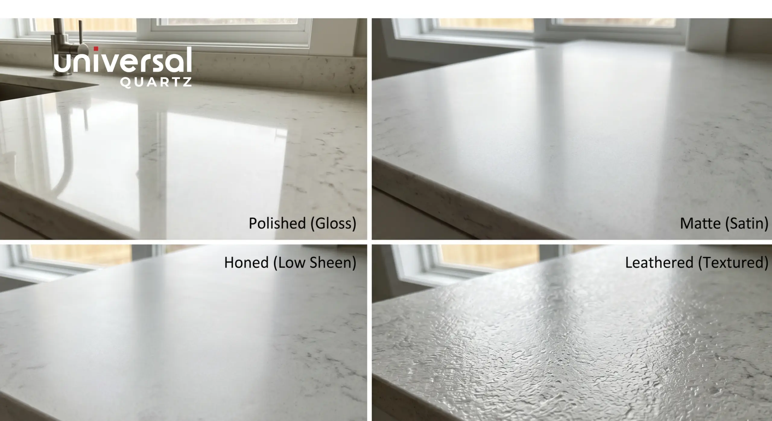 Four quartz slab finish samples side by side: polished mirror, matte flat, honed satin, leather textured — Universal Quartz India