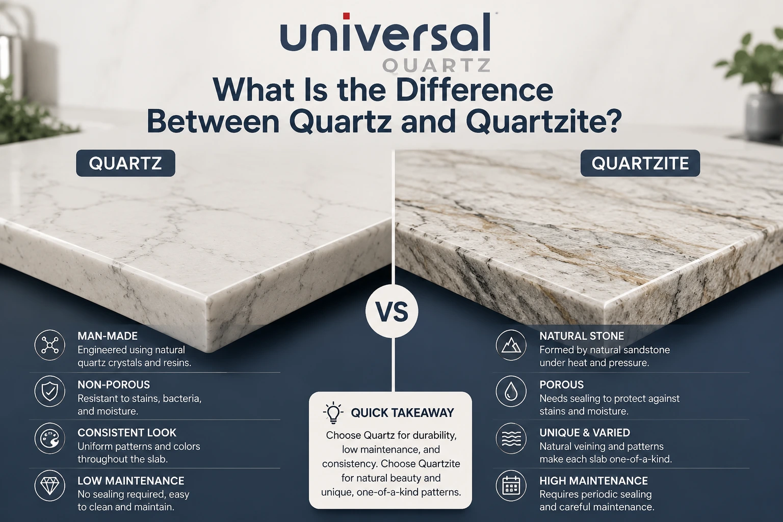 Difference between quartz and quartzite countertop comparison India Universal Quartz
