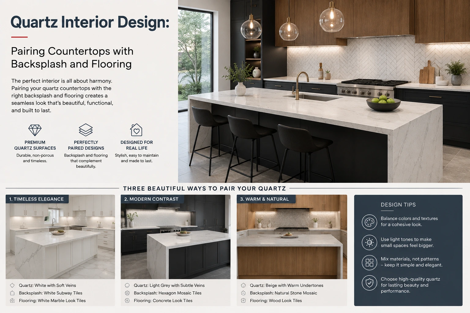 Quartz Interior Design: Pairing Countertops with Backsplash and Flooring
