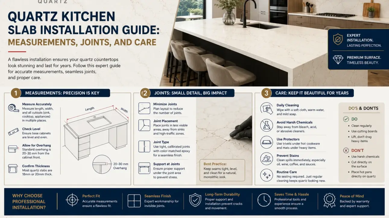 Quartz Kitchen Slab Installation Guide: Measurements, Joints and Care