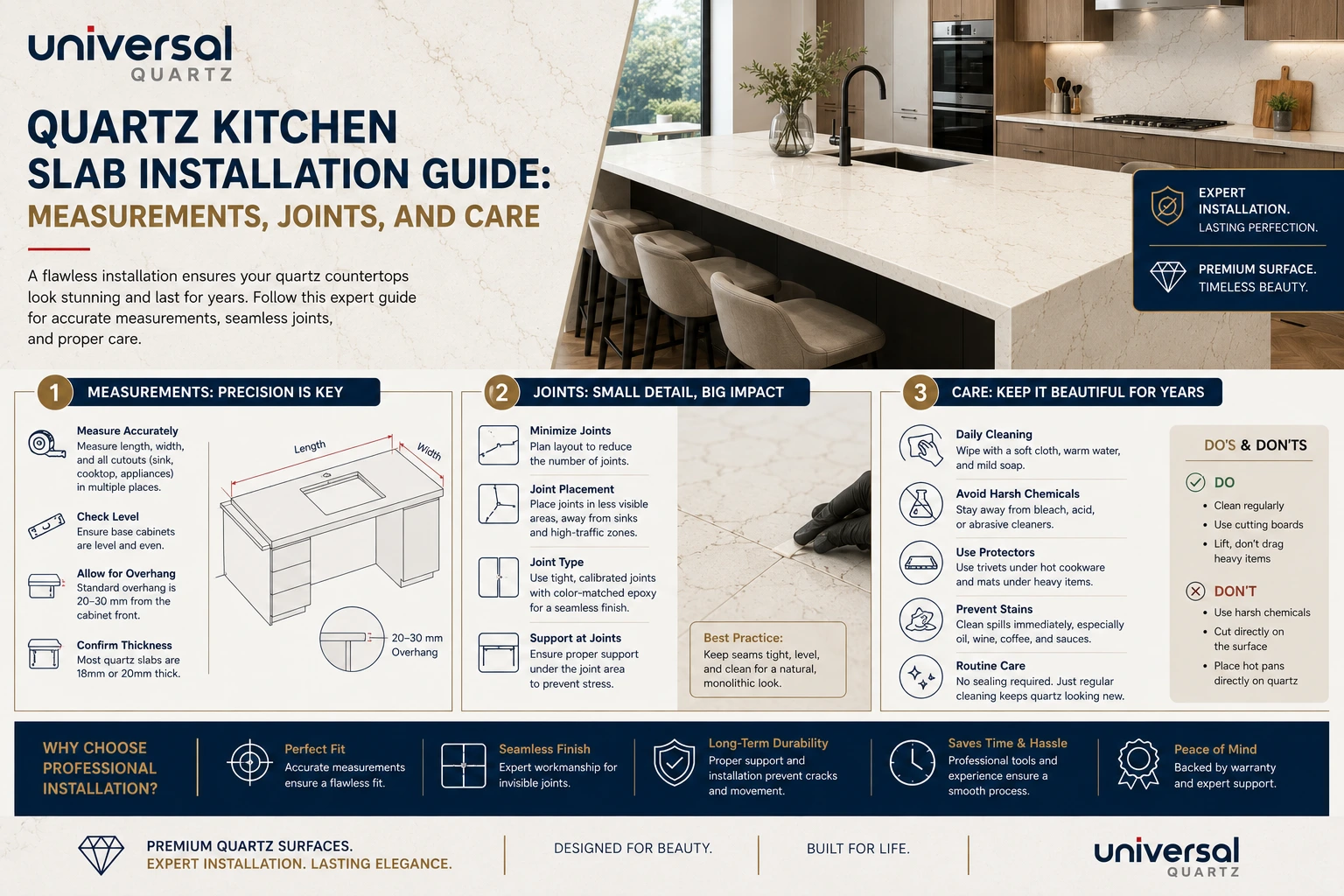Quartz Kitchen Slab Installation Guide: Measurements, Joints and Care