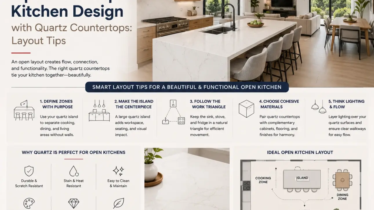 Open-Concept Kitchen Design with Quartz Countertops: Layout Tips