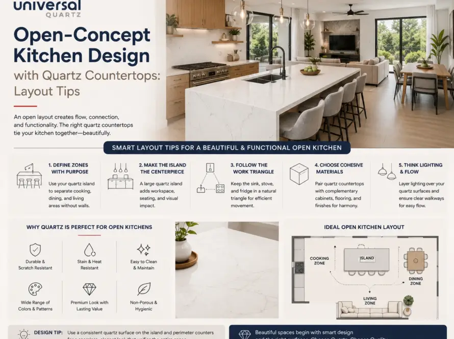 Open-Concept Kitchen Design with Quartz Countertops: Layout Tips