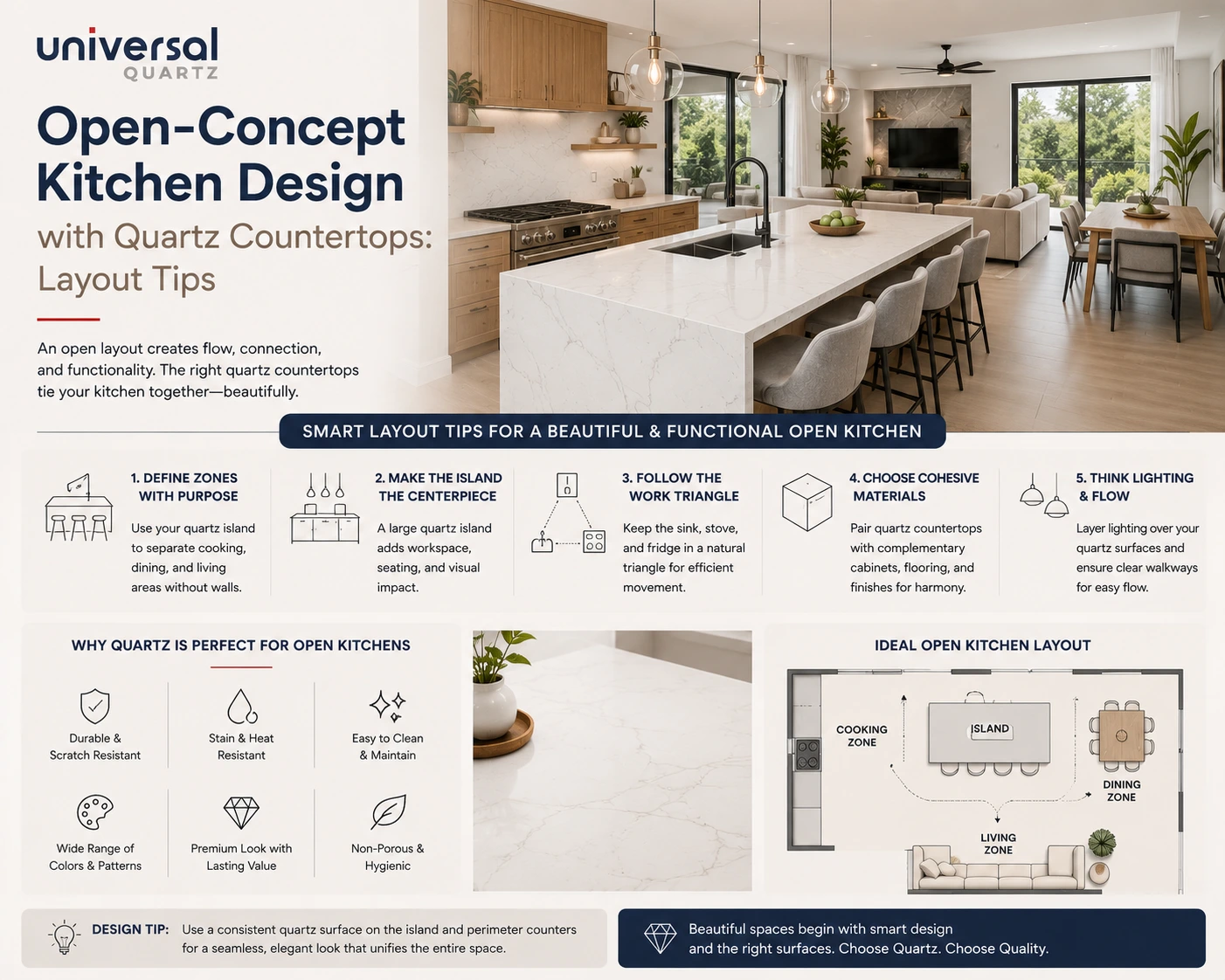 Open-Concept Kitchen Design with Quartz Countertops: Layout Tips