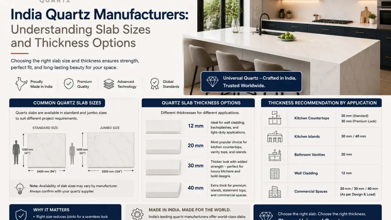 India Quartz Manufacturers: Understanding Slab Sizes and Thickness Options