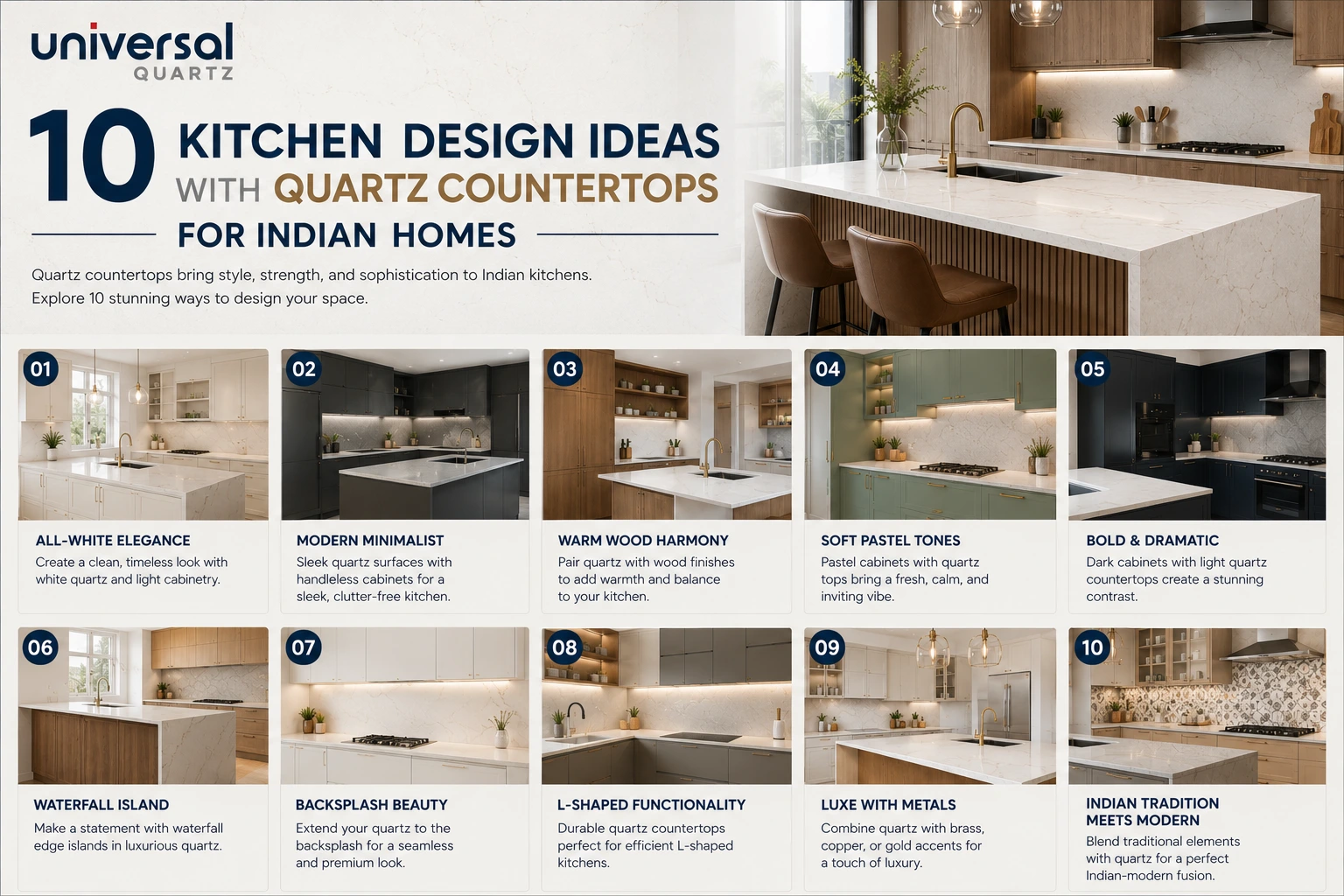 10 Kitchen Design Ideas with Quartz Countertops for Indian Homes